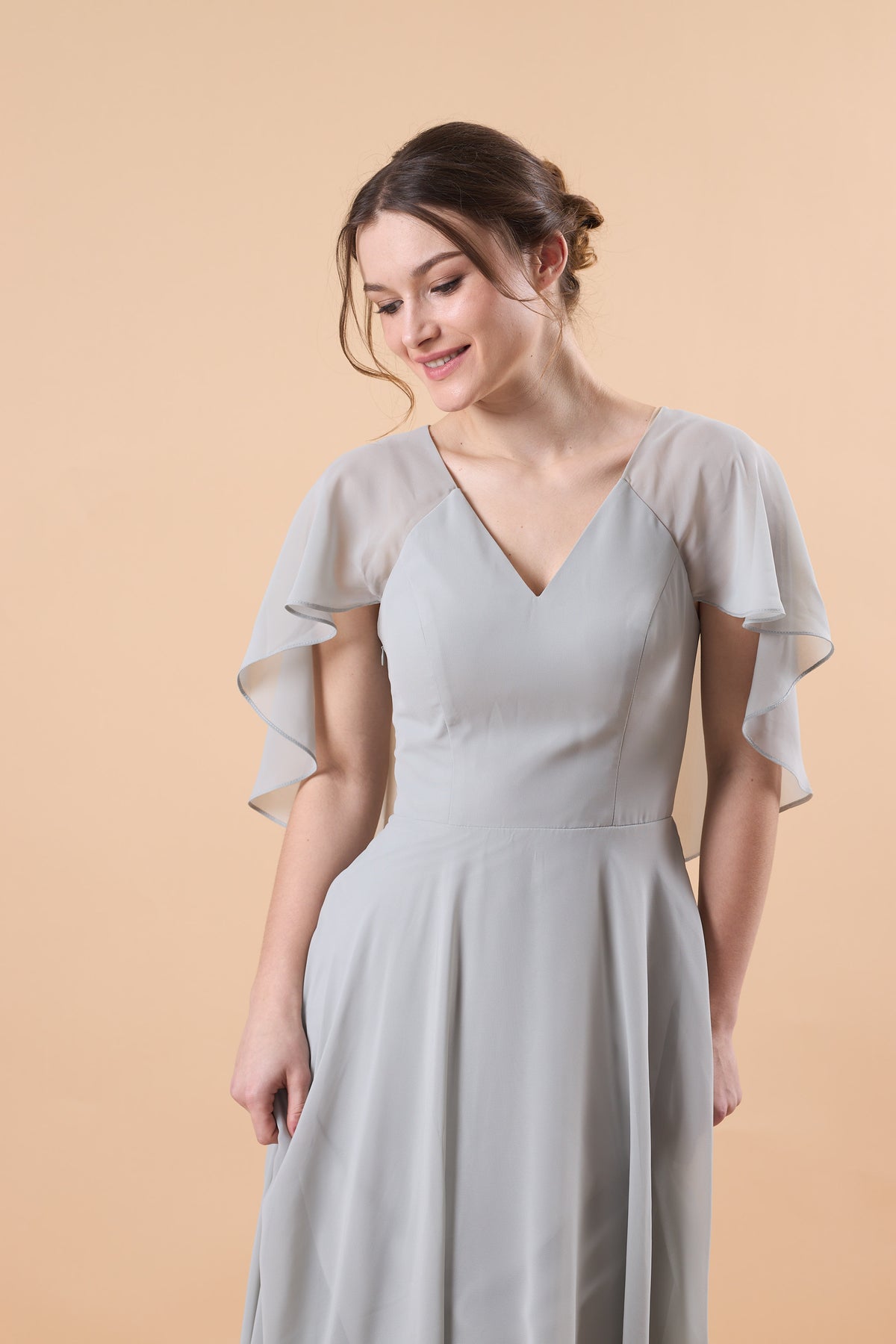 Light Grey V Neck Flutter Sleeve Chiffon Floor-Length Bridesmaid Dress | US Sizes | Ship in 72 Hours