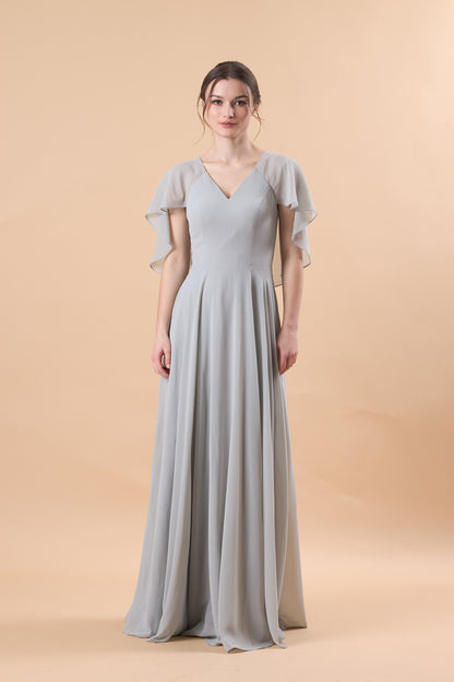 Light Grey V Neck Flutter Sleeve Chiffon Floor-Length Bridesmaid Dress | US Sizes | Ship in 72 Hours