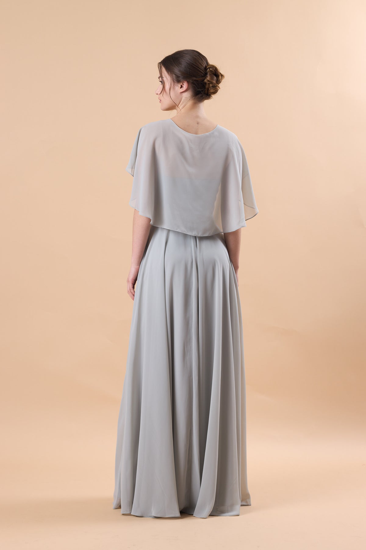 Light Grey V Neck Flutter Sleeve Chiffon Floor-Length Bridesmaid Dress | US Sizes | Ship in 72 Hours