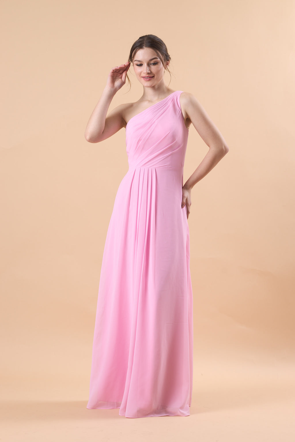 Light Pink One Shoulder Ruched Chiffon Floor-Length Bridesmaid Dress | US Sizes | Ship in 72 Hours