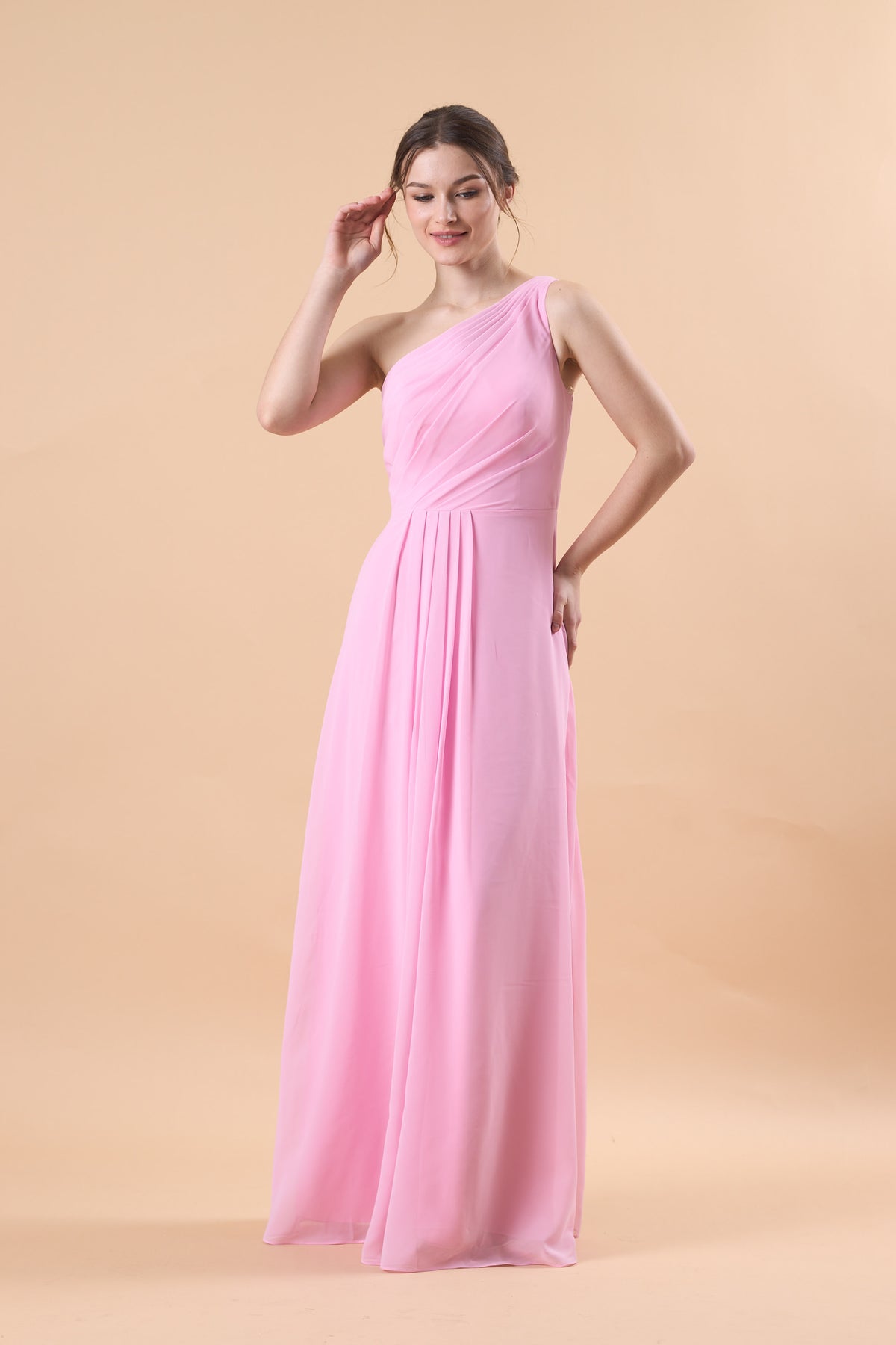 Light Pink One Shoulder Ruched Chiffon Floor-Length Bridesmaid Dress | US Sizes | Ship in 72 Hours