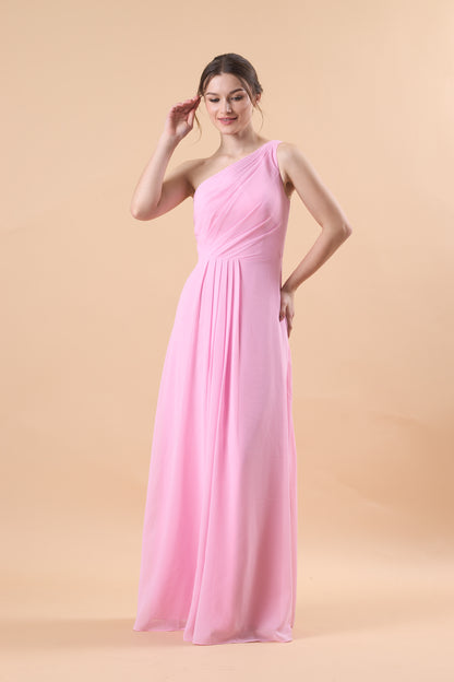 Light Pink One Shoulder Ruched Chiffon Floor-Length Bridesmaid Dress | US Sizes | Ship in 72 Hours