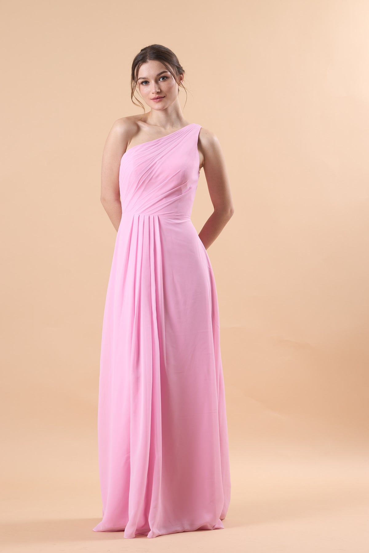 Light Pink One Shoulder Ruched Chiffon Floor-Length Bridesmaid Dress | US Sizes | Ship in 72 Hours