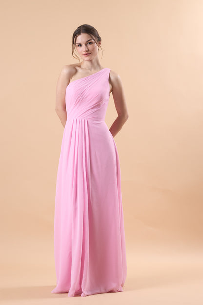 Light Pink One Shoulder Ruched Chiffon Floor-Length Bridesmaid Dress | US Sizes | Ship in 72 Hours