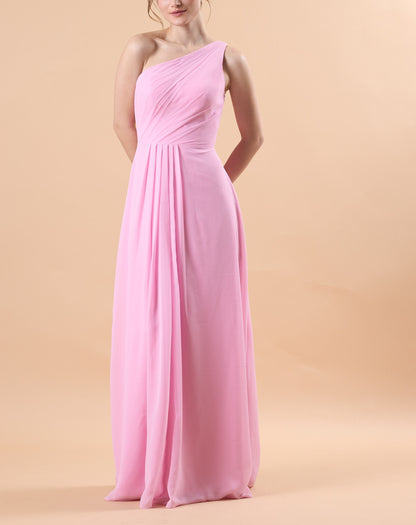 Light Pink One Shoulder Ruched Chiffon Floor-Length Bridesmaid Dress | US Sizes | Ship in 72 Hours