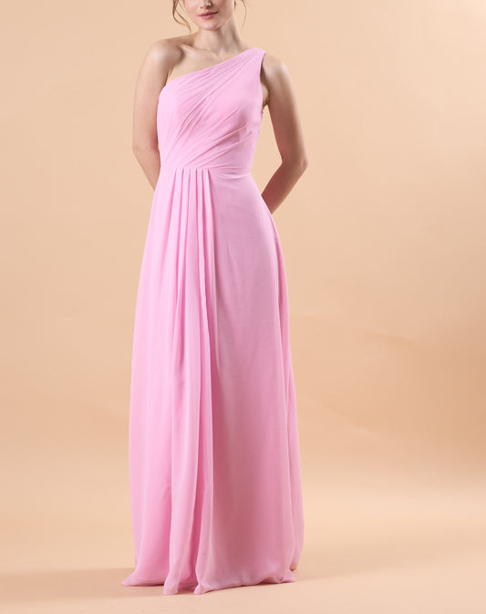 Light Pink One Shoulder Ruched Chiffon Floor-Length Bridesmaid Dress | US Sizes | Ship in 72 Hours