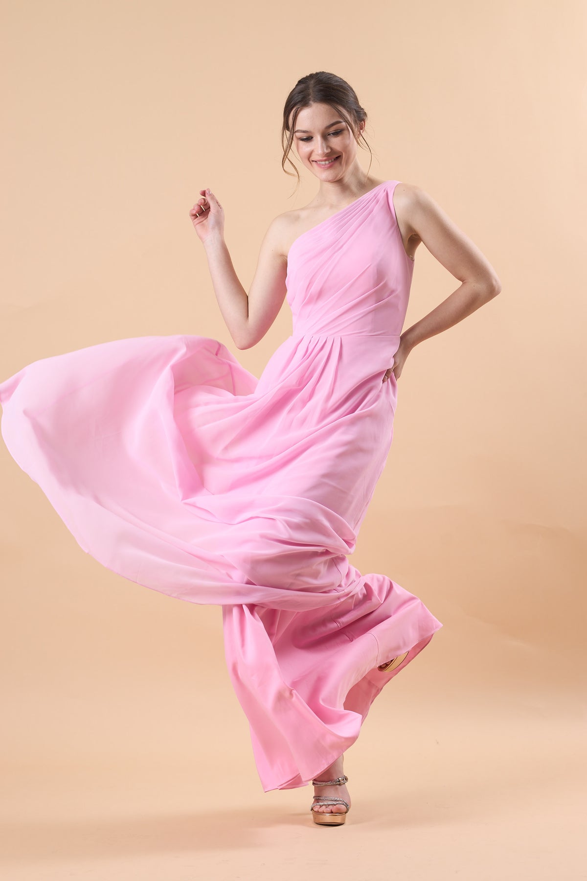 Light Pink One Shoulder Ruched Chiffon Floor-Length Bridesmaid Dress | US Sizes | Ship in 72 Hours