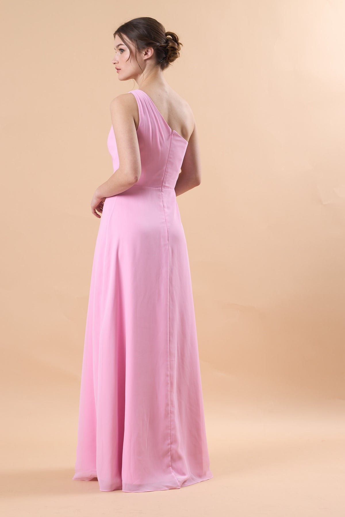 Light Pink One Shoulder Ruched Chiffon Floor-Length Bridesmaid Dress | US Sizes | Ship in 72 Hours