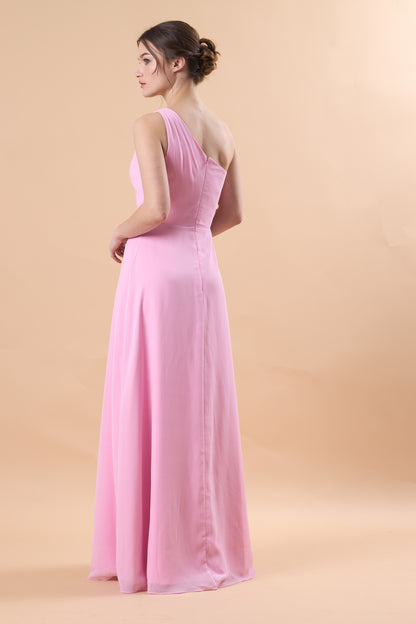 Light Pink One Shoulder Ruched Chiffon Floor-Length Bridesmaid Dress | US Sizes | Ship in 72 Hours