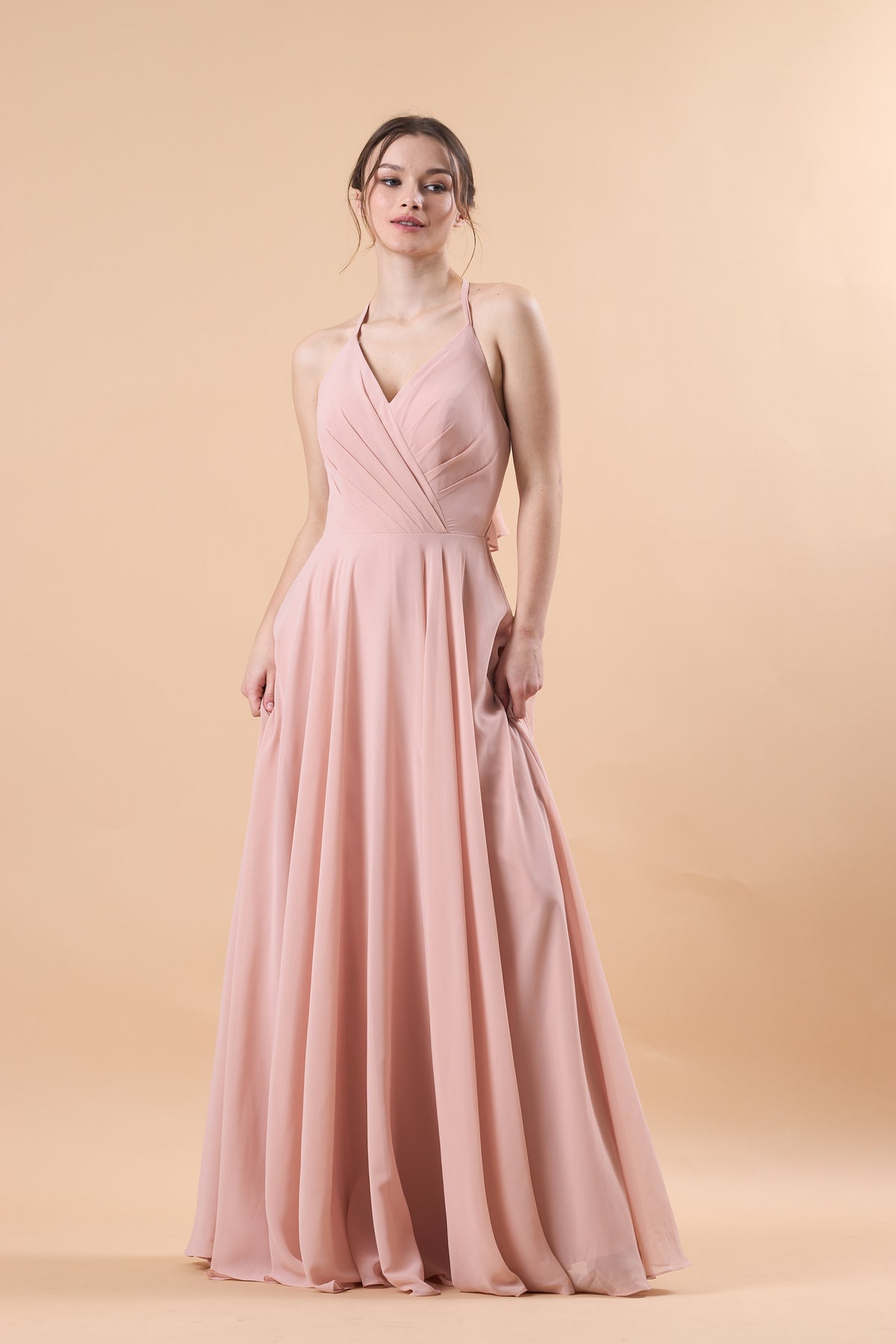 Dusty Pink Halter V Neck Ruched Chiffon Floor-Length Bridesmaid Dress | US Sizes | Ship in 72 Hours