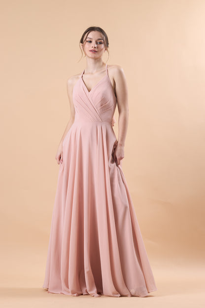 Dusty Pink Halter V Neck Ruched Chiffon Floor-Length Bridesmaid Dress | US Sizes | Ship in 72 Hours