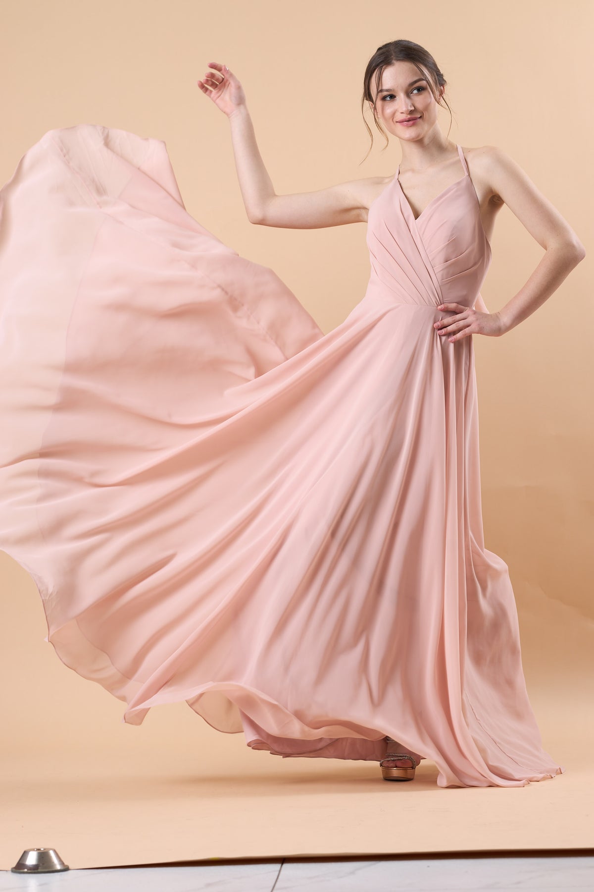 Dusty Pink Halter V Neck Ruched Chiffon Floor-Length Bridesmaid Dress | US Sizes | Ship in 72 Hours