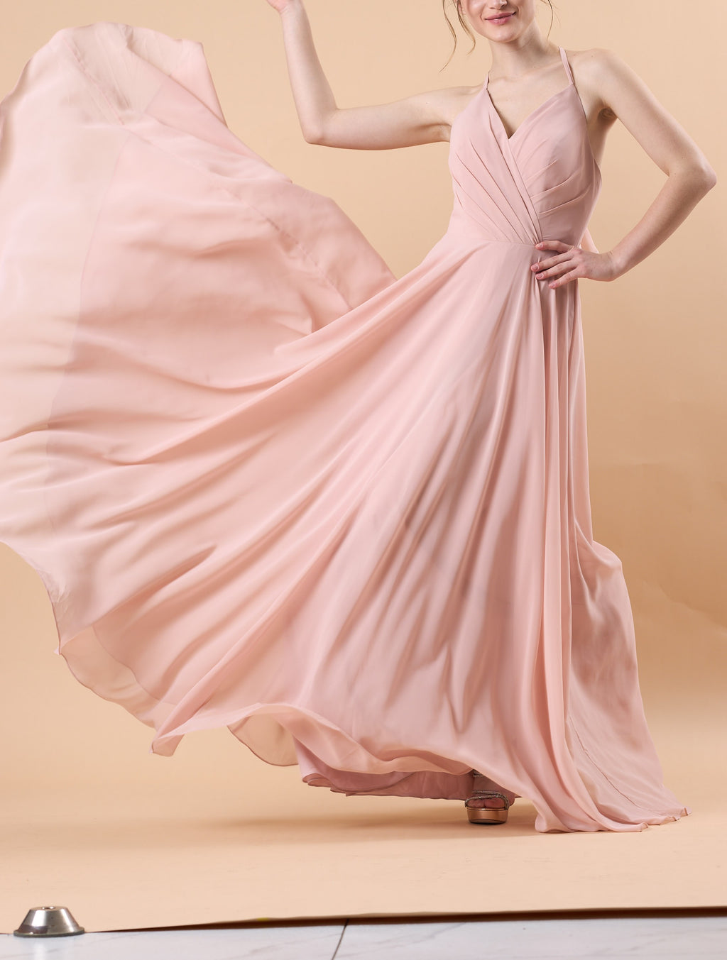 Dusty Pink Halter V Neck Ruched Chiffon Floor-Length Bridesmaid Dress | US Sizes | Ship in 72 Hours