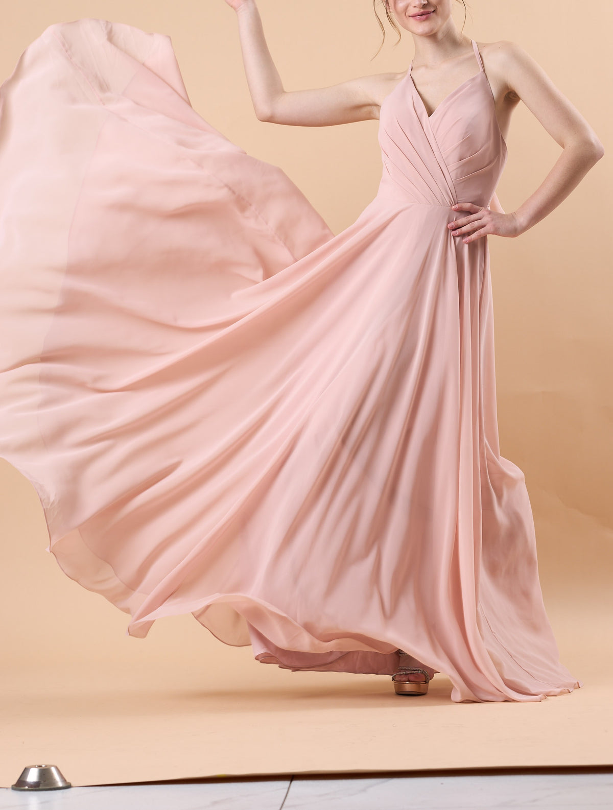 Dusty Pink Halter V Neck Ruched Chiffon Floor-Length Bridesmaid Dress | US Sizes | Ship in 72 Hours