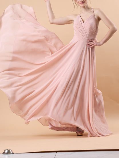 Dusty Pink Halter V Neck Ruched Chiffon Floor-Length Bridesmaid Dress | US Sizes | Ship in 72 Hours