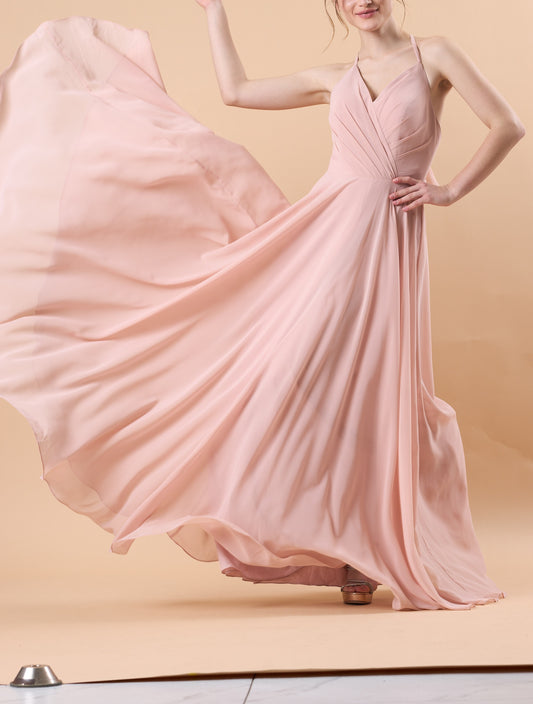 Dusty Pink Halter V Neck Ruched Chiffon Floor-Length Bridesmaid Dress | US Sizes | Ship in 72 Hours