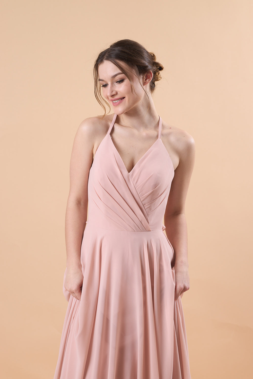 Dusty Pink Halter V Neck Ruched Chiffon Floor-Length Bridesmaid Dress | US Sizes | Ship in 72 Hours