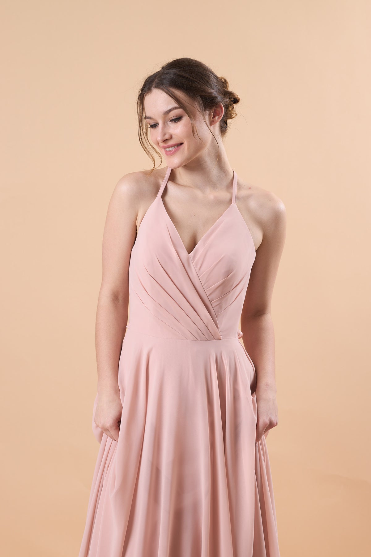 Dusty Pink Halter V Neck Ruched Chiffon Floor-Length Bridesmaid Dress | US Sizes | Ship in 72 Hours