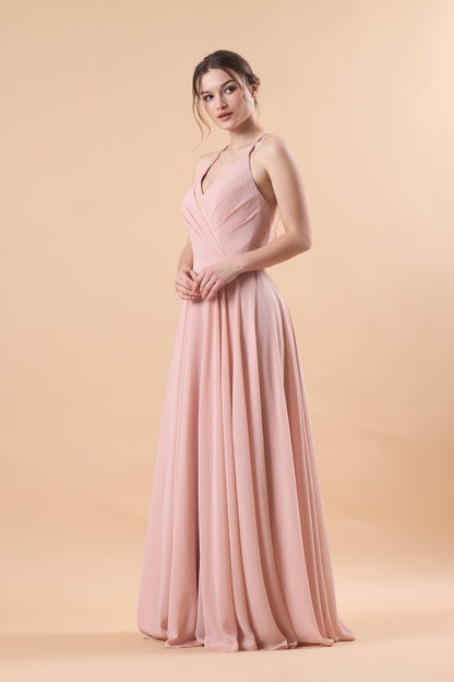 Dusty Pink Halter V Neck Ruched Chiffon Floor-Length Bridesmaid Dress | US Sizes | Ship in 72 Hours