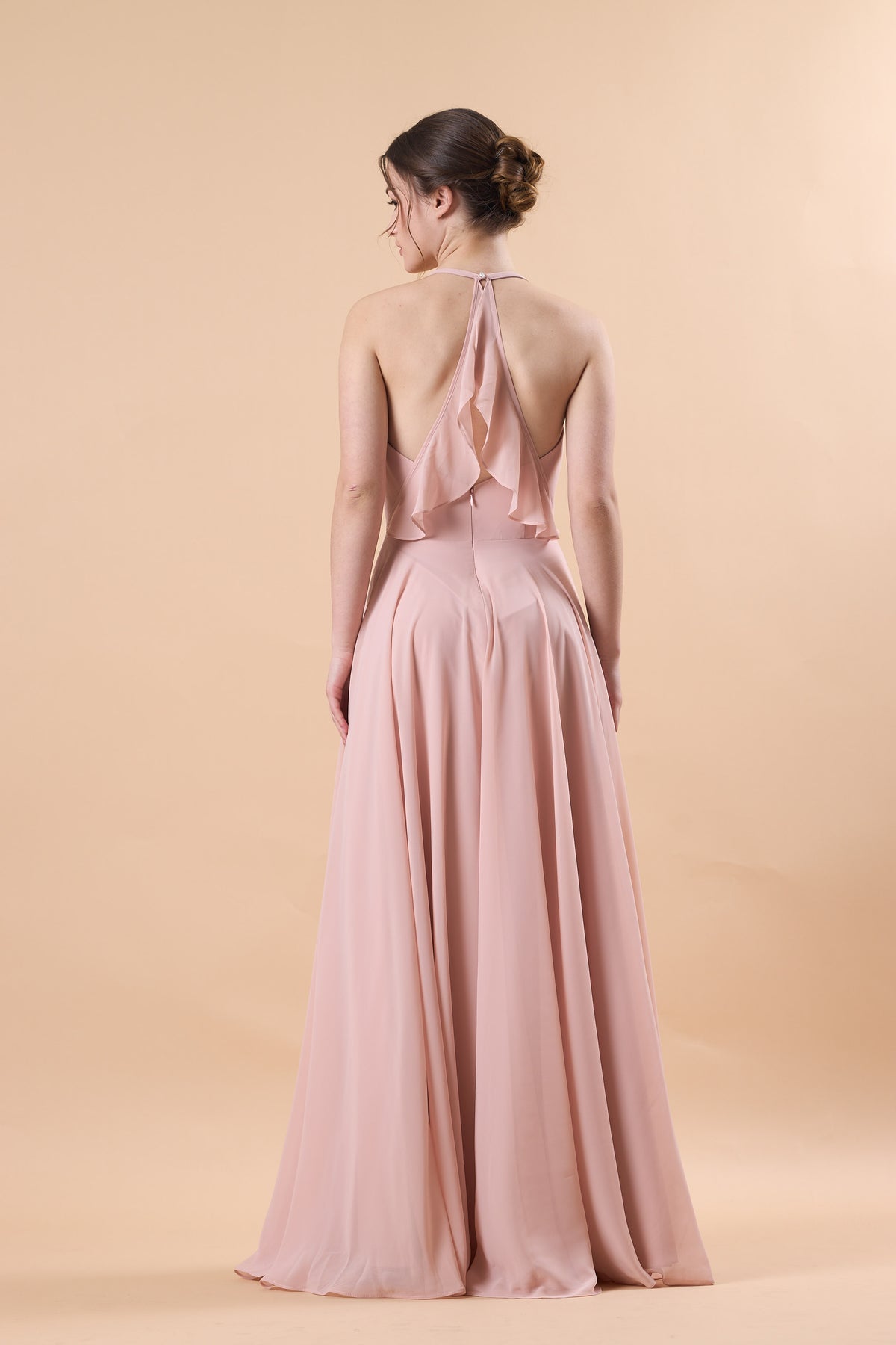 Dusty Pink Halter V Neck Ruched Chiffon Floor-Length Bridesmaid Dress | US Sizes | Ship in 72 Hours