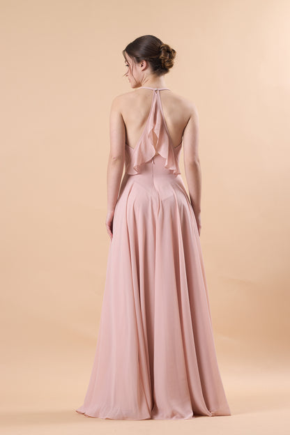 Dusty Pink Halter V Neck Ruched Chiffon Floor-Length Bridesmaid Dress | US Sizes | Ship in 72 Hours