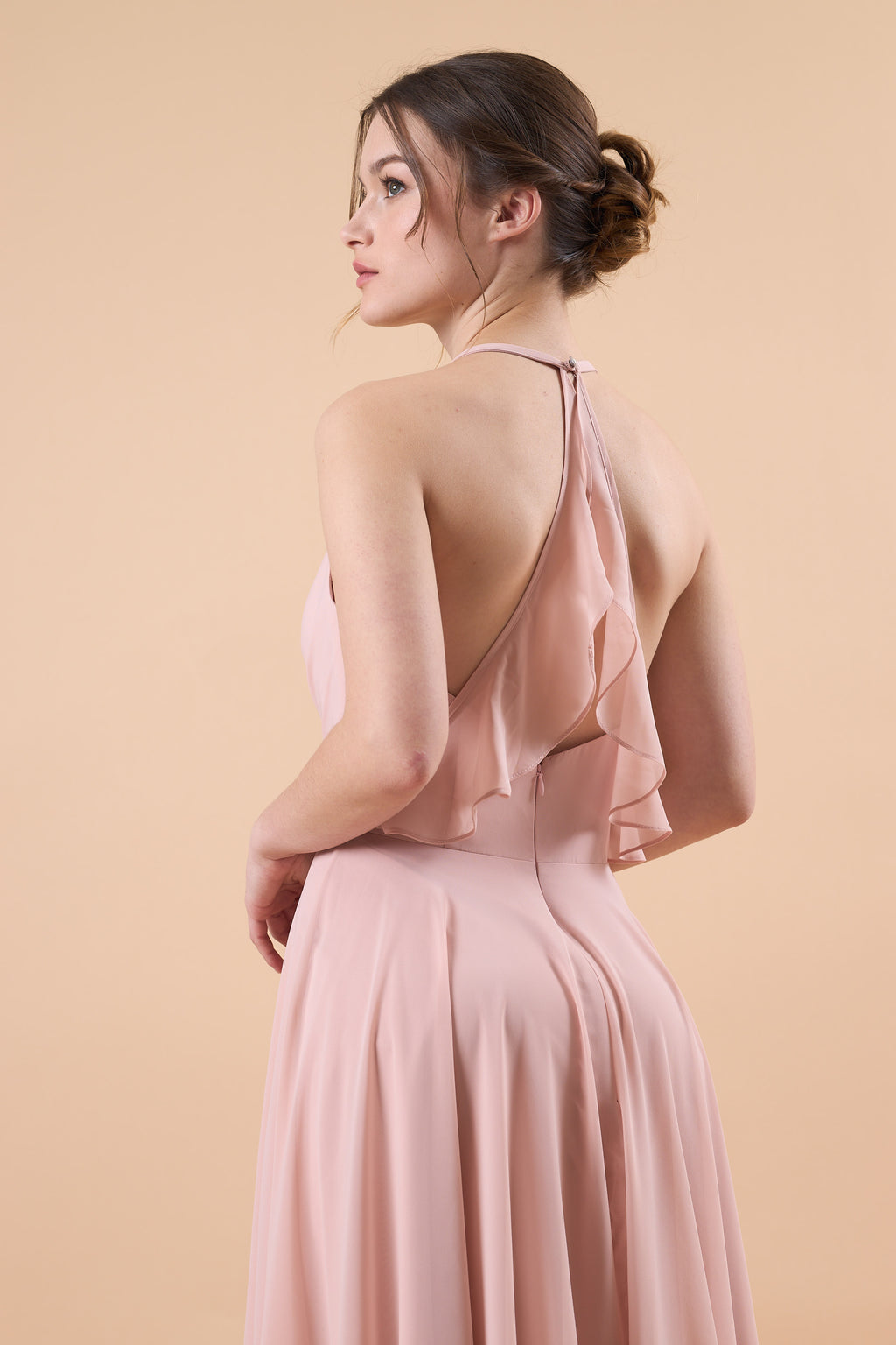 Dusty Pink Halter V Neck Ruched Chiffon Floor-Length Bridesmaid Dress | US Sizes | Ship in 72 Hours