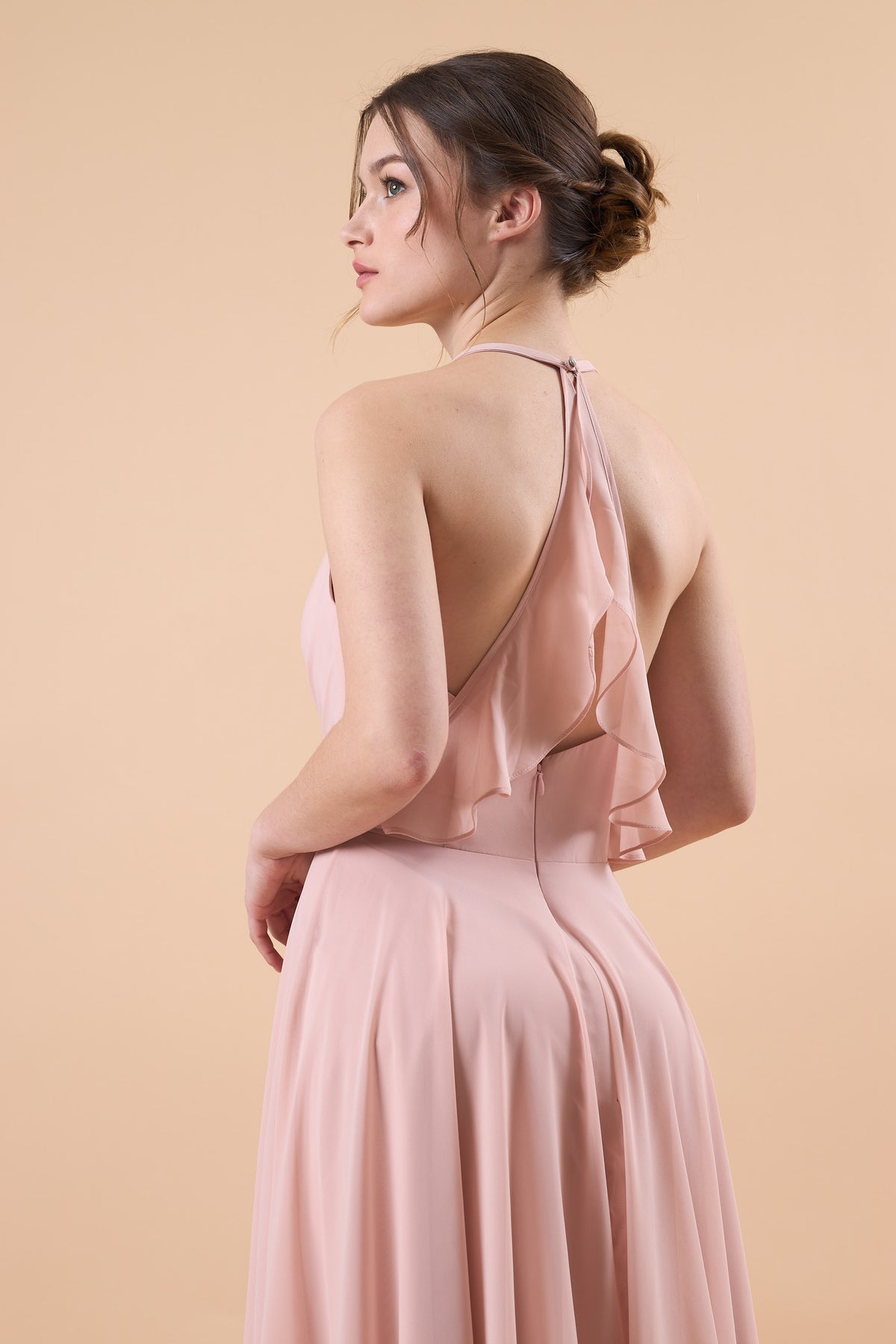 Dusty Pink Halter V Neck Ruched Chiffon Floor-Length Bridesmaid Dress | US Sizes | Ship in 72 Hours