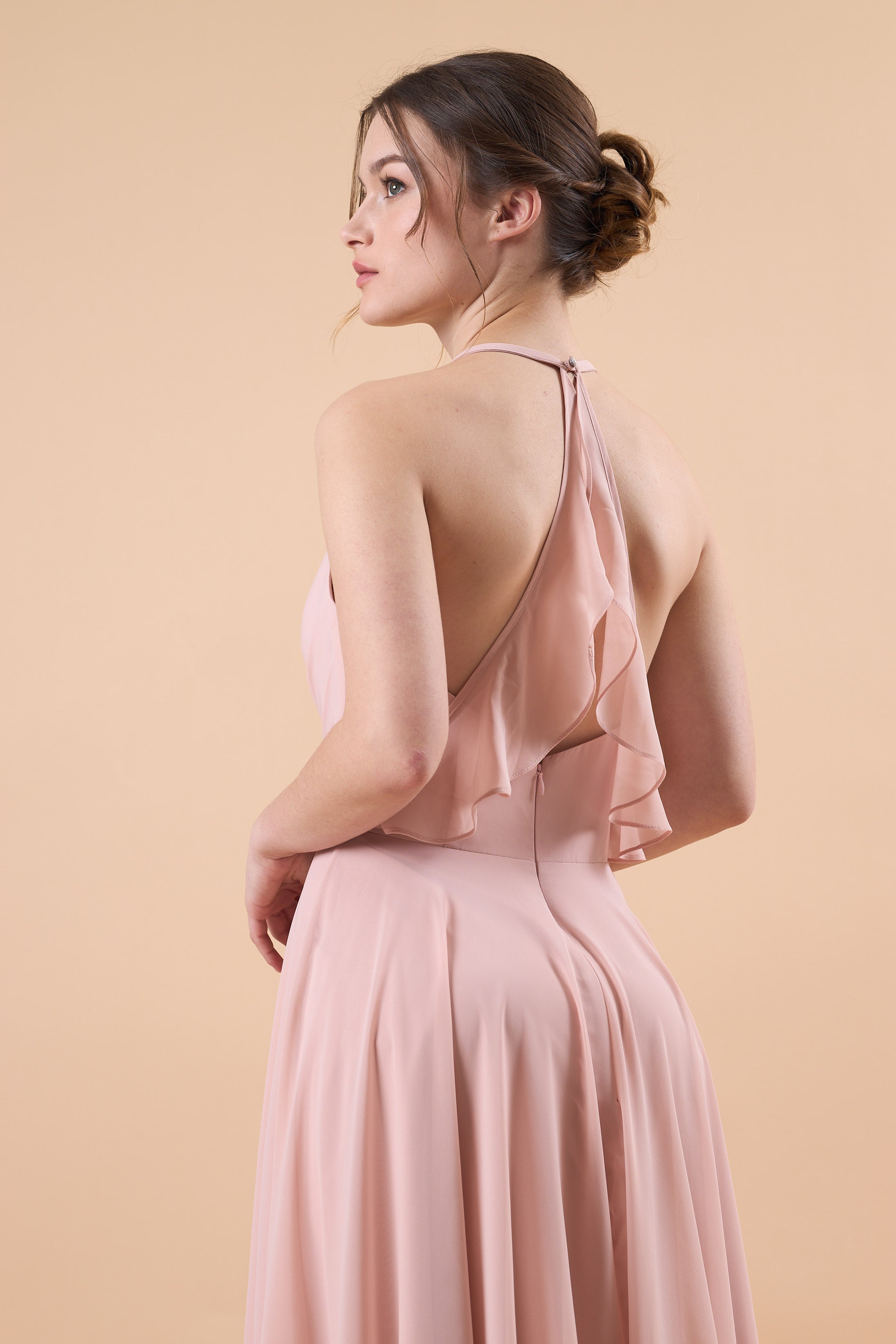 Dusty Pink Halter V Neck Ruched Chiffon Floor-Length Bridesmaid Dress | US Sizes | Ship in 72 Hours