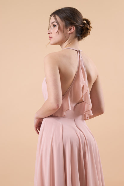 Dusty Pink Halter V Neck Ruched Chiffon Floor-Length Bridesmaid Dress | US Sizes | Ship in 72 Hours