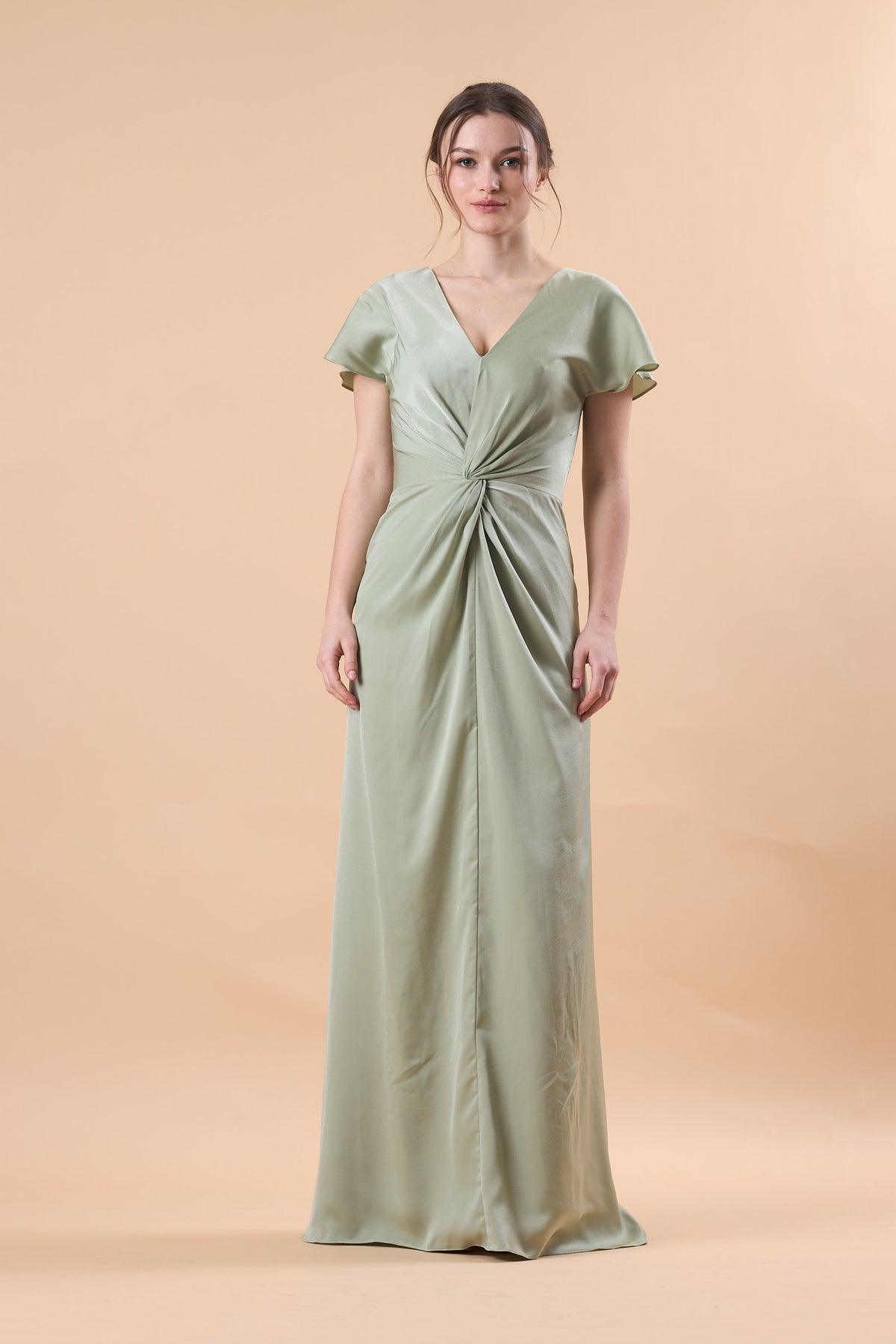 Sage Green V Neck Flutter Sleeve Twist Front Satin Floor-Length Bridesmaid Dress | US Sizes | Ship in 72 Hours