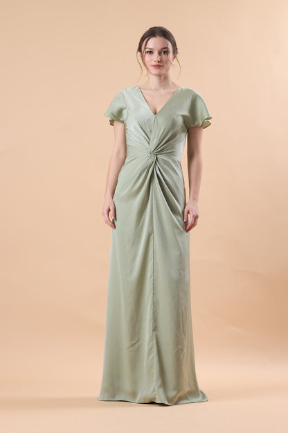 Sage Green V Neck Flutter Sleeve Twist Front Satin Floor-Length Bridesmaid Dress | US Sizes | Ship in 72 Hours