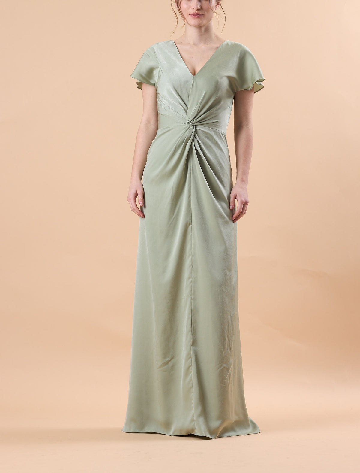 Sage Green V Neck Flutter Sleeve Twist Front Satin Floor-Length Bridesmaid Dress | US Sizes | Ship in 72 Hours