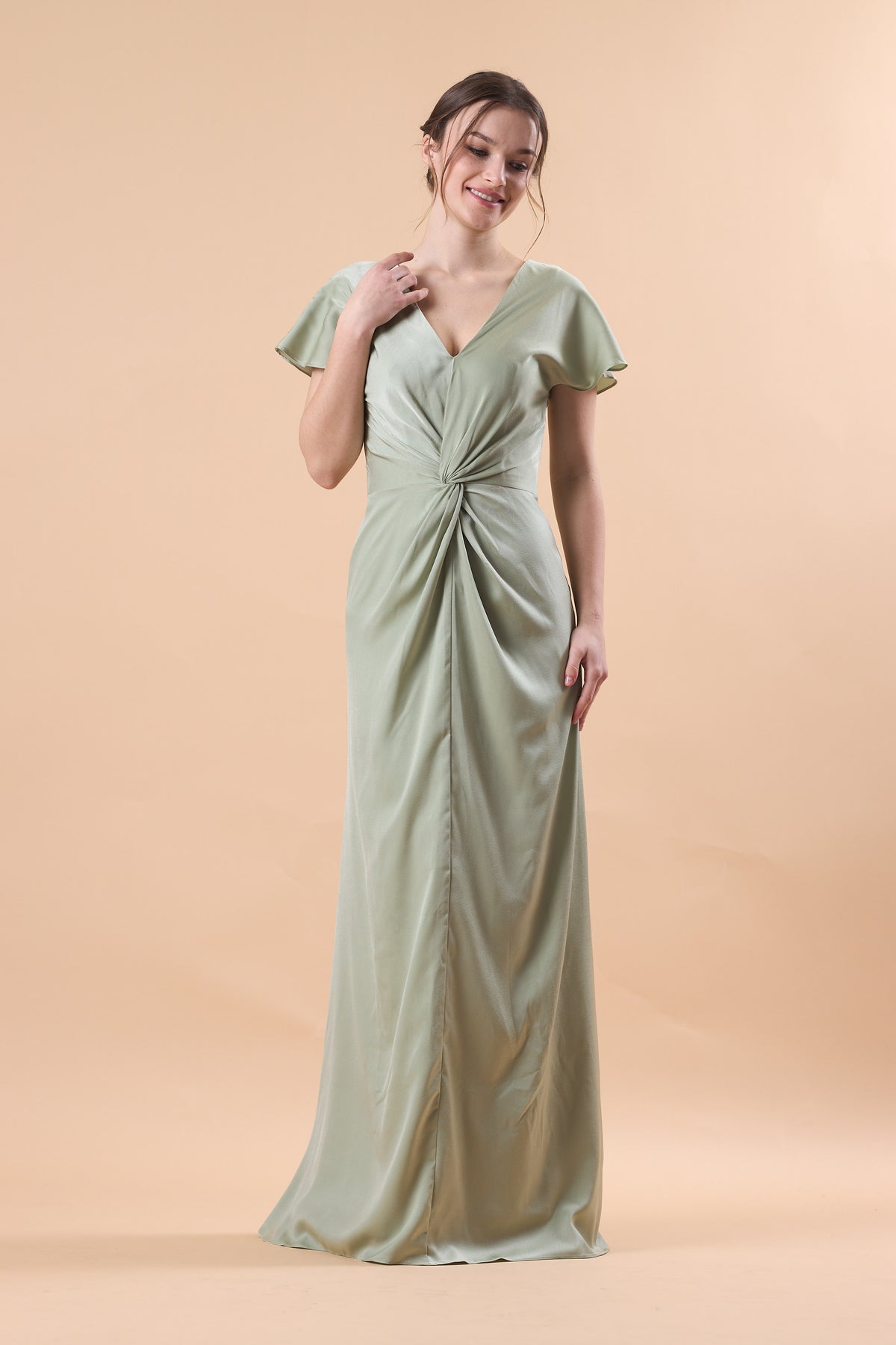 Sage Green V Neck Flutter Sleeve Twist Front Satin Floor-Length Bridesmaid Dress | US Sizes | Ship in 72 Hours