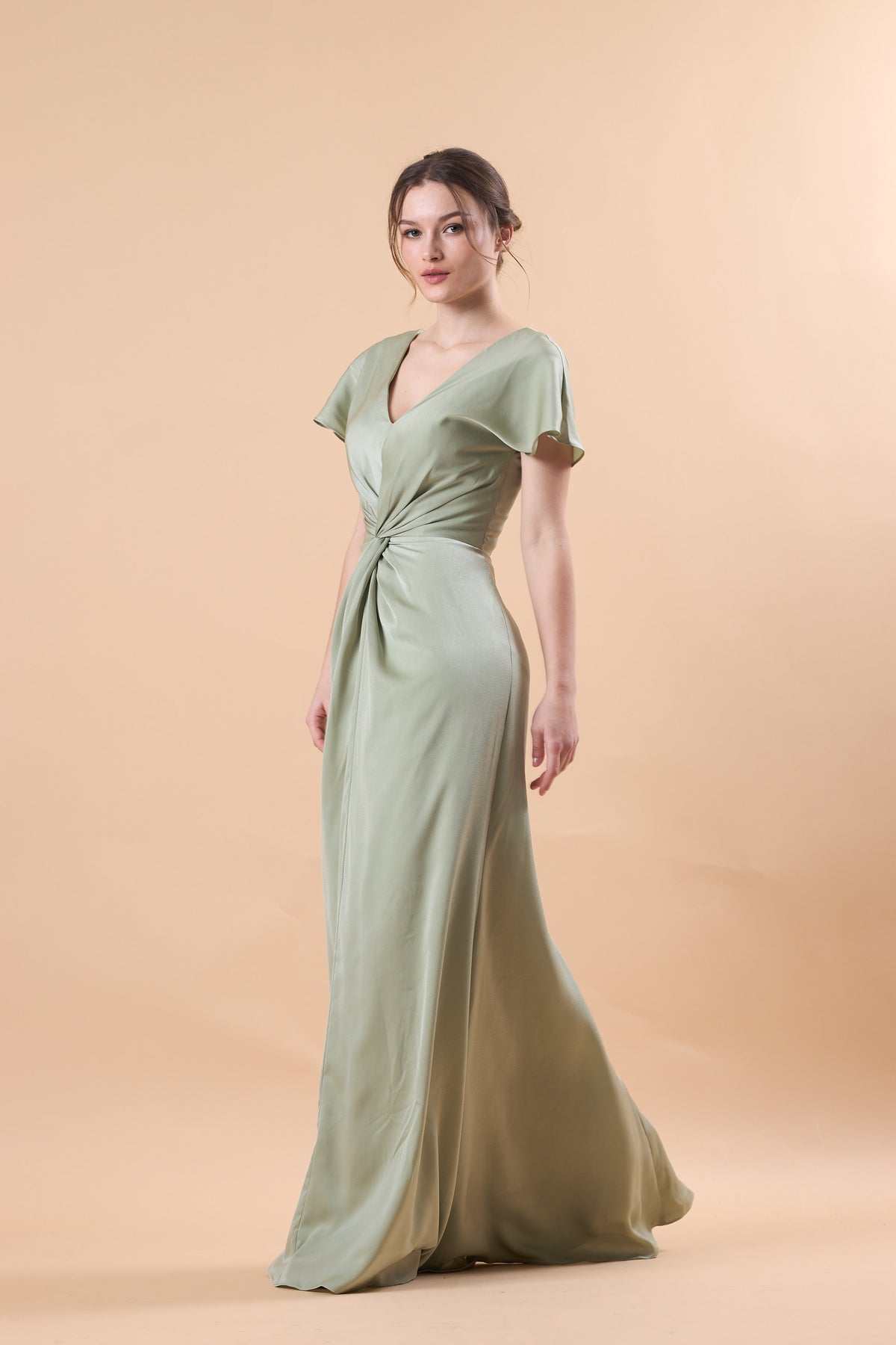 Sage Green V Neck Flutter Sleeve Twist Front Satin Floor-Length Bridesmaid Dress | US Sizes | Ship in 72 Hours