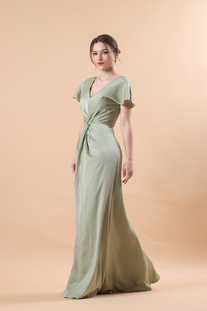 Sage Green V Neck Flutter Sleeve Twist Front Satin Floor-Length Bridesmaid Dress | US Sizes | Ship in 72 Hours