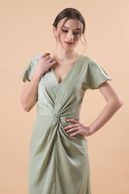 Sage Green V Neck Flutter Sleeve Twist Front Satin Floor-Length Bridesmaid Dress | US Sizes | Ship in 72 Hours