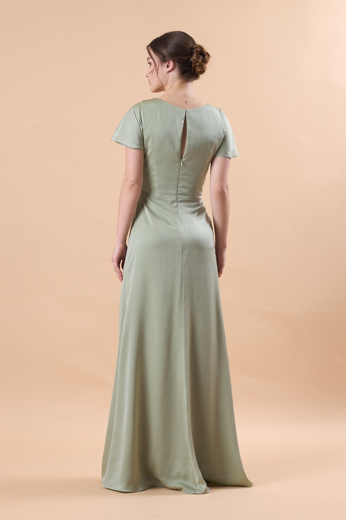 Sage Green V Neck Flutter Sleeve Twist Front Satin Floor-Length Bridesmaid Dress | US Sizes | Ship in 72 Hours
