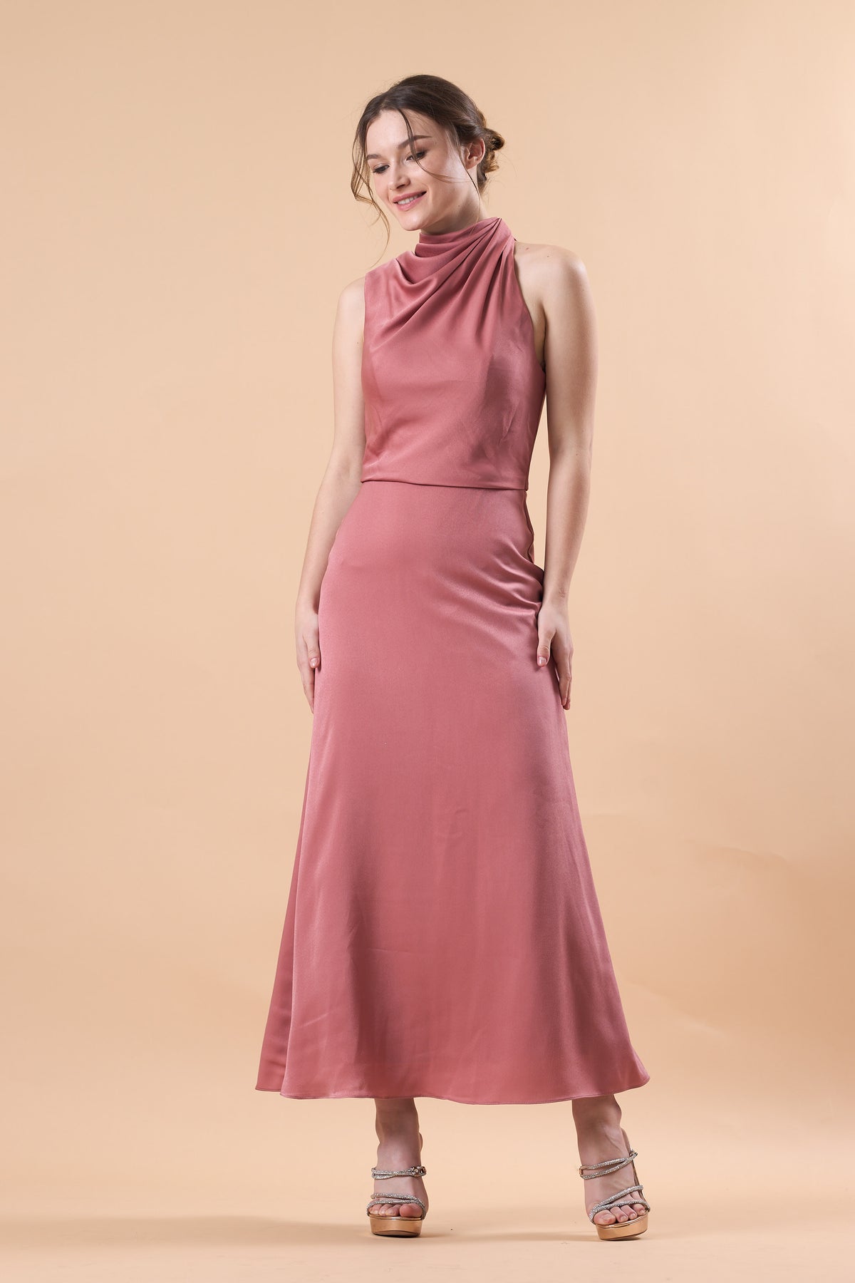 Dusty Rose Sleeveless Cowl Neck Satin Midi Bridesmaid Dress | US Sizes | Ship in 72 Hours