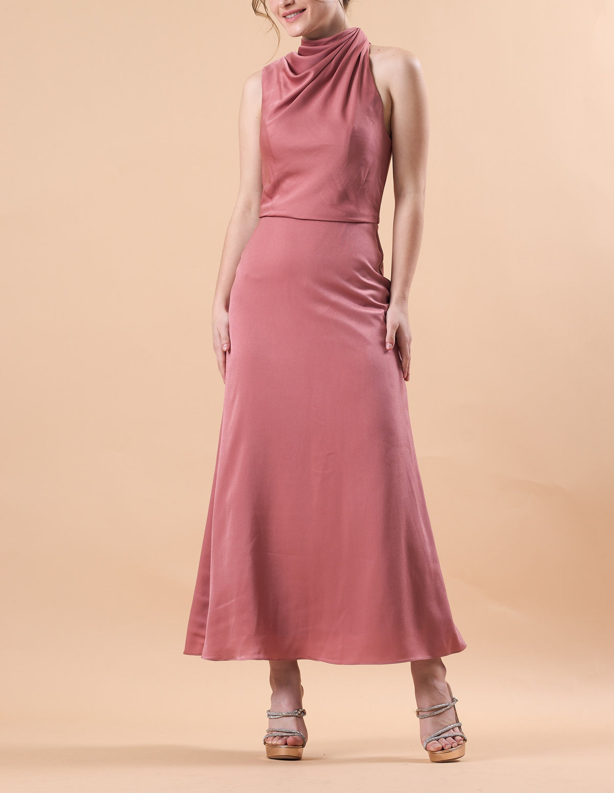Dusty Rose Sleeveless Cowl Neck Satin Midi Bridesmaid Dress | US Sizes | Ship in 72 Hours