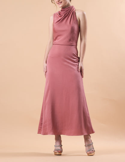 Dusty Rose Sleeveless Cowl Neck Satin Midi Bridesmaid Dress | US Sizes | Ship in 72 Hours