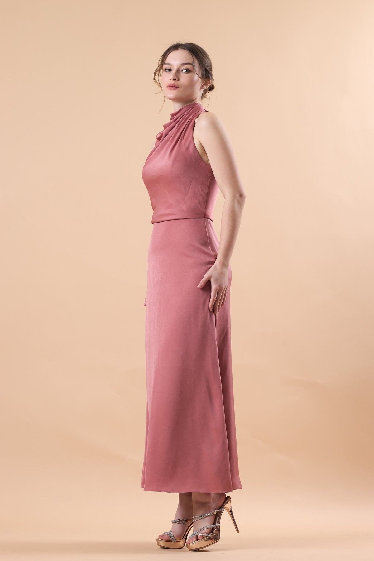 Dusty Rose Sleeveless Cowl Neck Satin Midi Bridesmaid Dress | US Sizes | Ship in 72 Hours