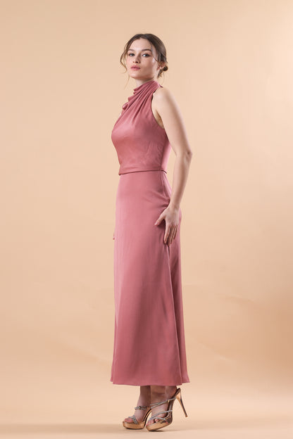Dusty Rose Sleeveless Cowl Neck Satin Midi Bridesmaid Dress | US Sizes | Ship in 72 Hours