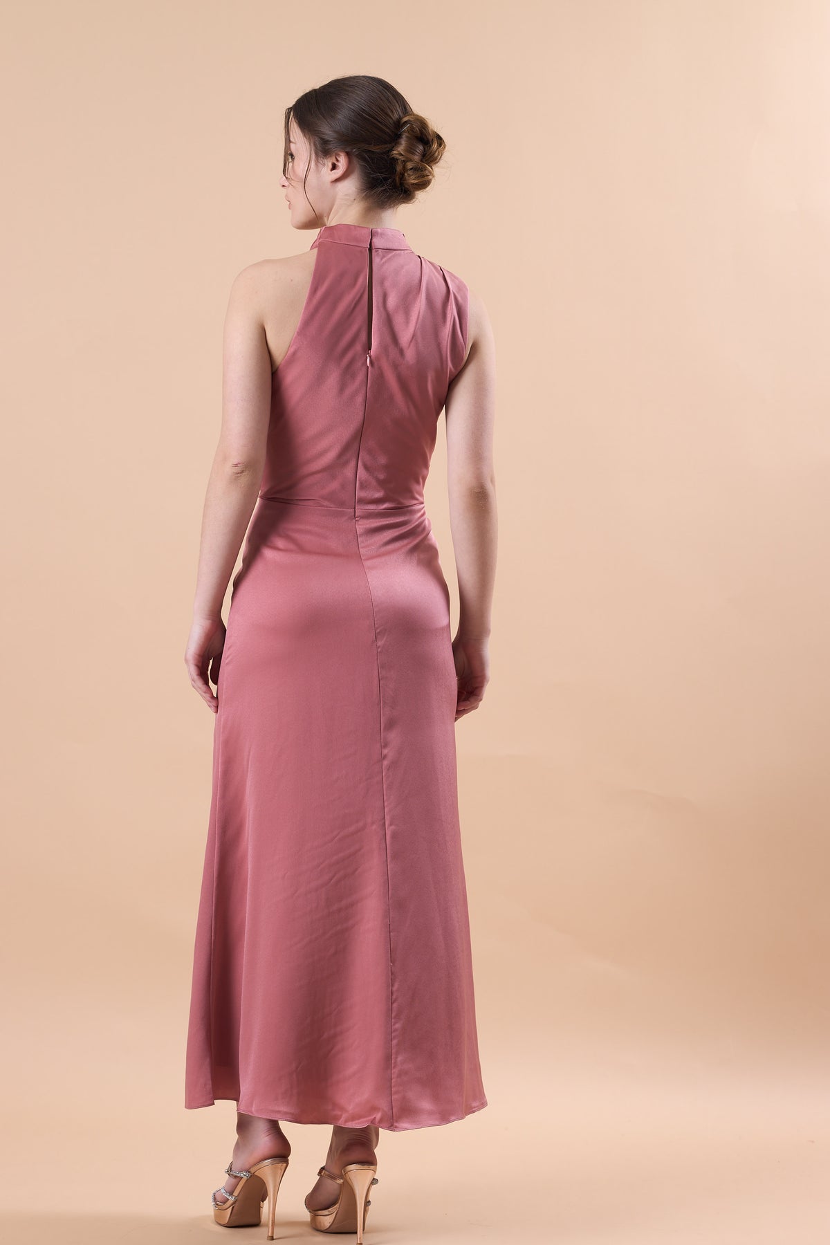 Dusty Rose Sleeveless Cowl Neck Satin Midi Bridesmaid Dress | US Sizes | Ship in 72 Hours