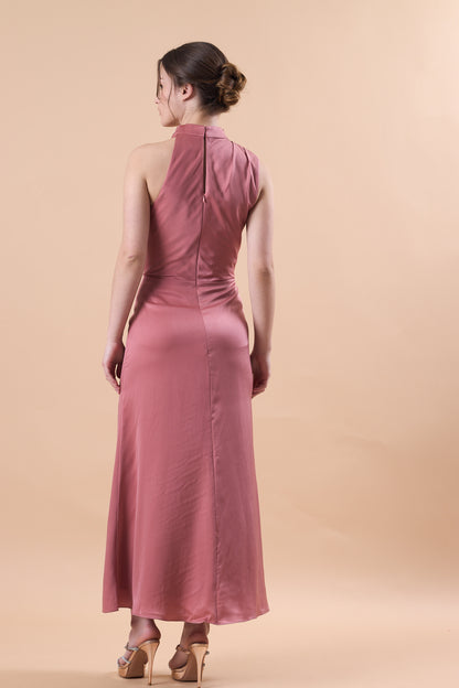 Dusty Rose Sleeveless Cowl Neck Satin Midi Bridesmaid Dress | US Sizes | Ship in 72 Hours