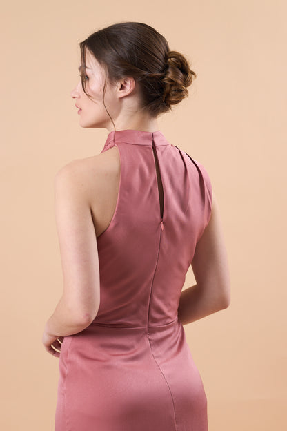 Dusty Rose Sleeveless Cowl Neck Satin Midi Bridesmaid Dress | US Sizes | Ship in 72 Hours