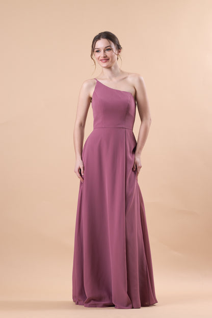 Mauve One Shoulder Chiffon Floor-Length Bridesmaid Dress With High Side Slit | US Sizes | Ship in 72 Hours