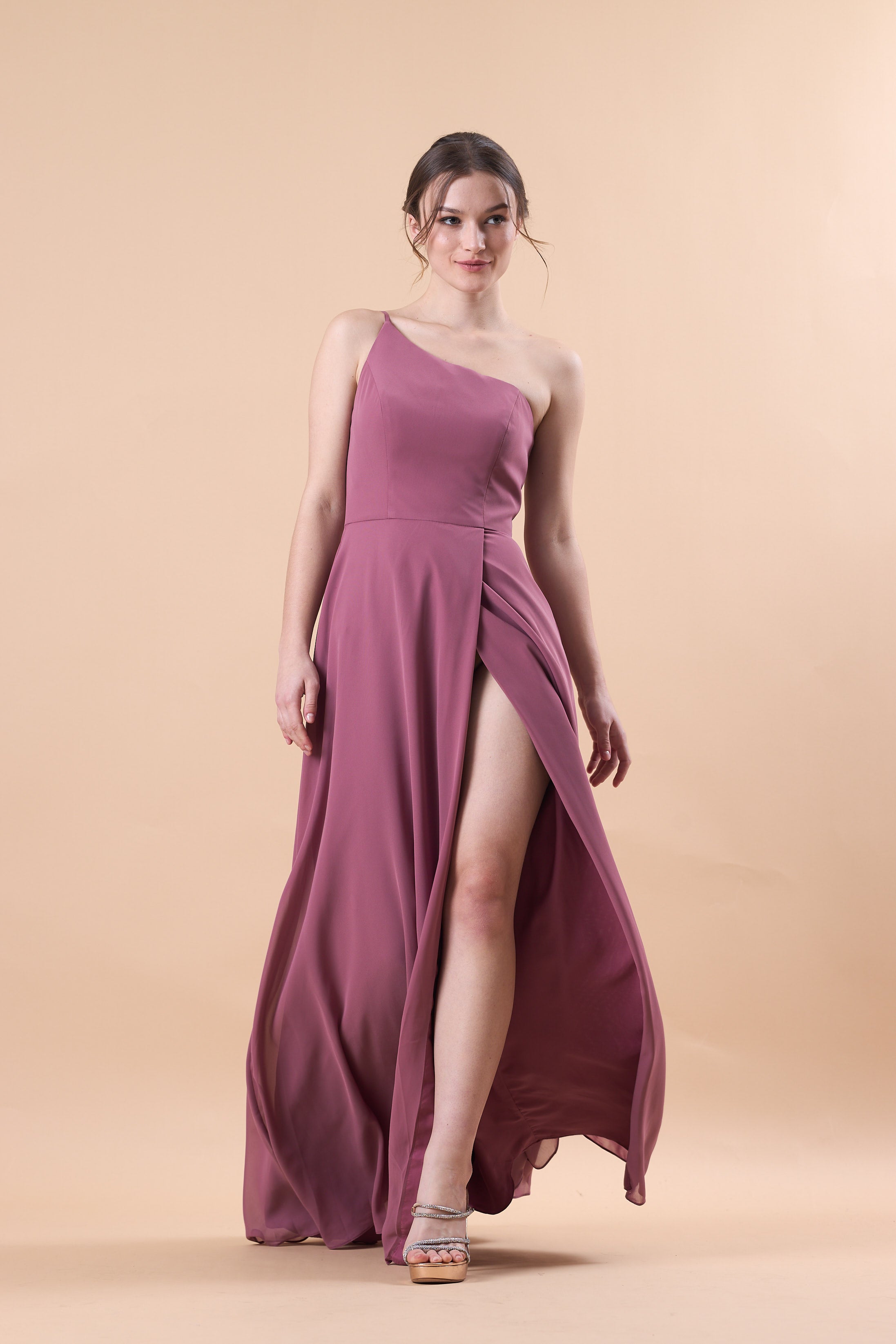 Mauve One Shoulder Chiffon Floor-Length Bridesmaid Dress With High Side Slit | US Sizes | Ship in 72 Hours
