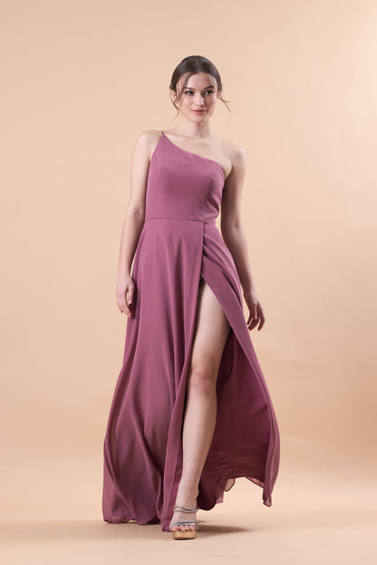 Mauve One Shoulder Chiffon Floor-Length Bridesmaid Dress With High Side Slit | US Sizes | Ship in 72 Hours
