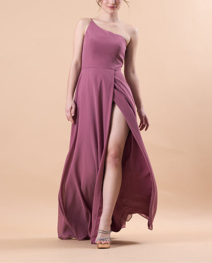 Mauve One Shoulder Chiffon Floor-Length Bridesmaid Dress With High Side Slit | US Sizes | Ship in 72 Hours
