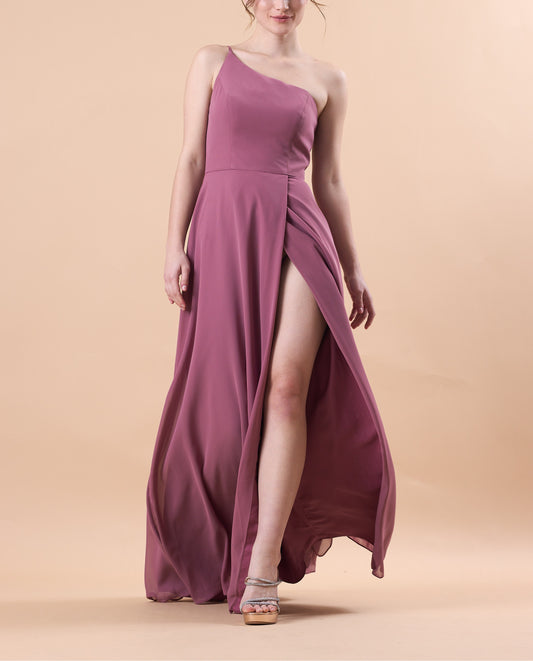 Mauve One Shoulder Chiffon Floor-Length Bridesmaid Dress With High Side Slit | US Sizes | Ship in 72 Hours